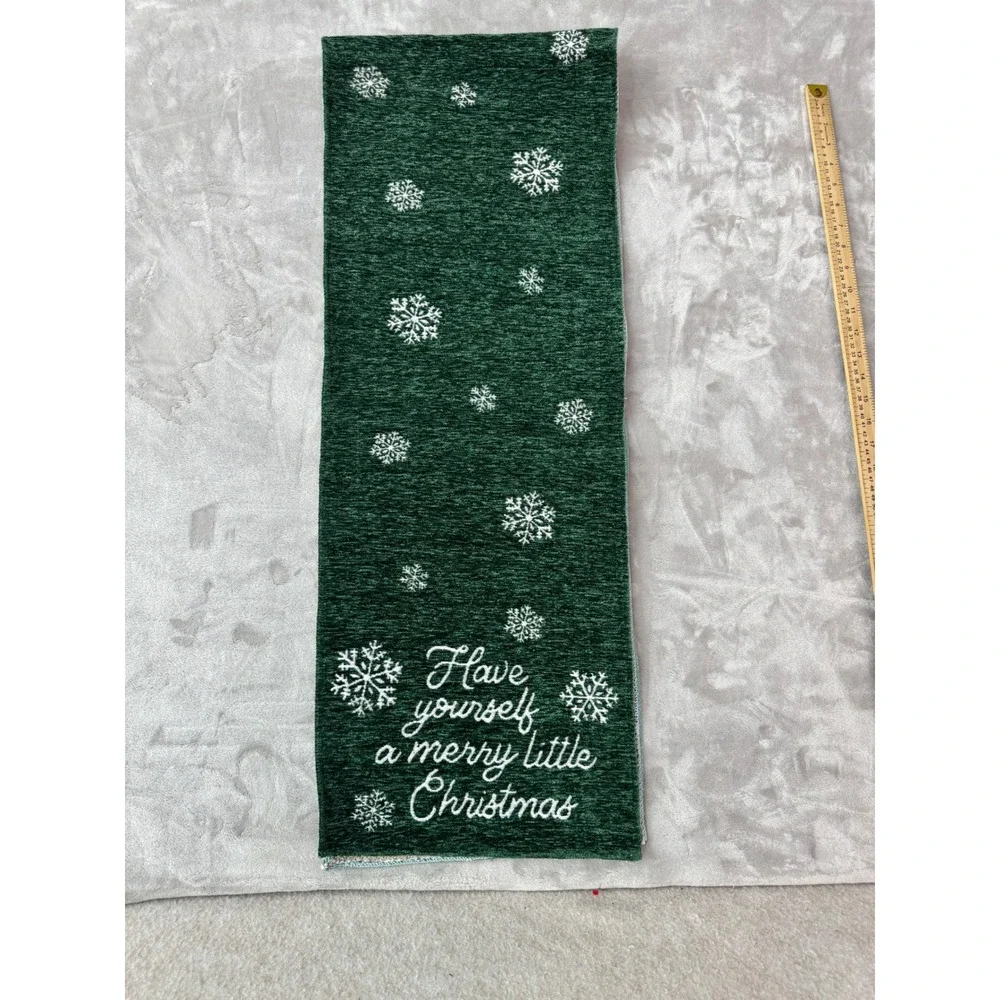 Green Christmas Table Runner Merry Little Christmas Snowflakes 70in
